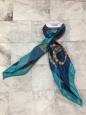 Silk-Feel Teal & Navy Printed Neck Scarf